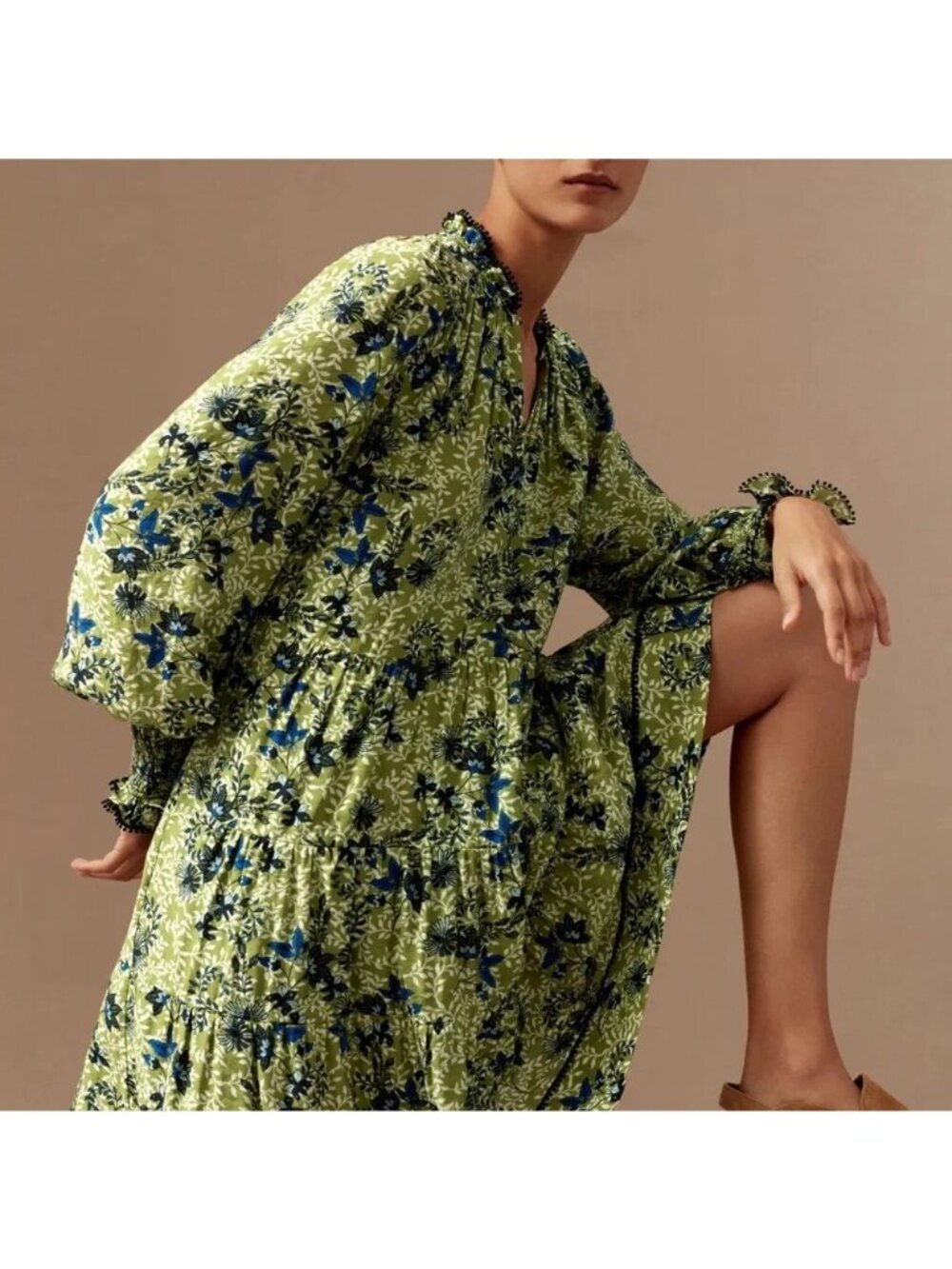 NWOT ME+EM Green Blue Floral Tiered Mini Dress US 4 Babydoll Boho Bohemian